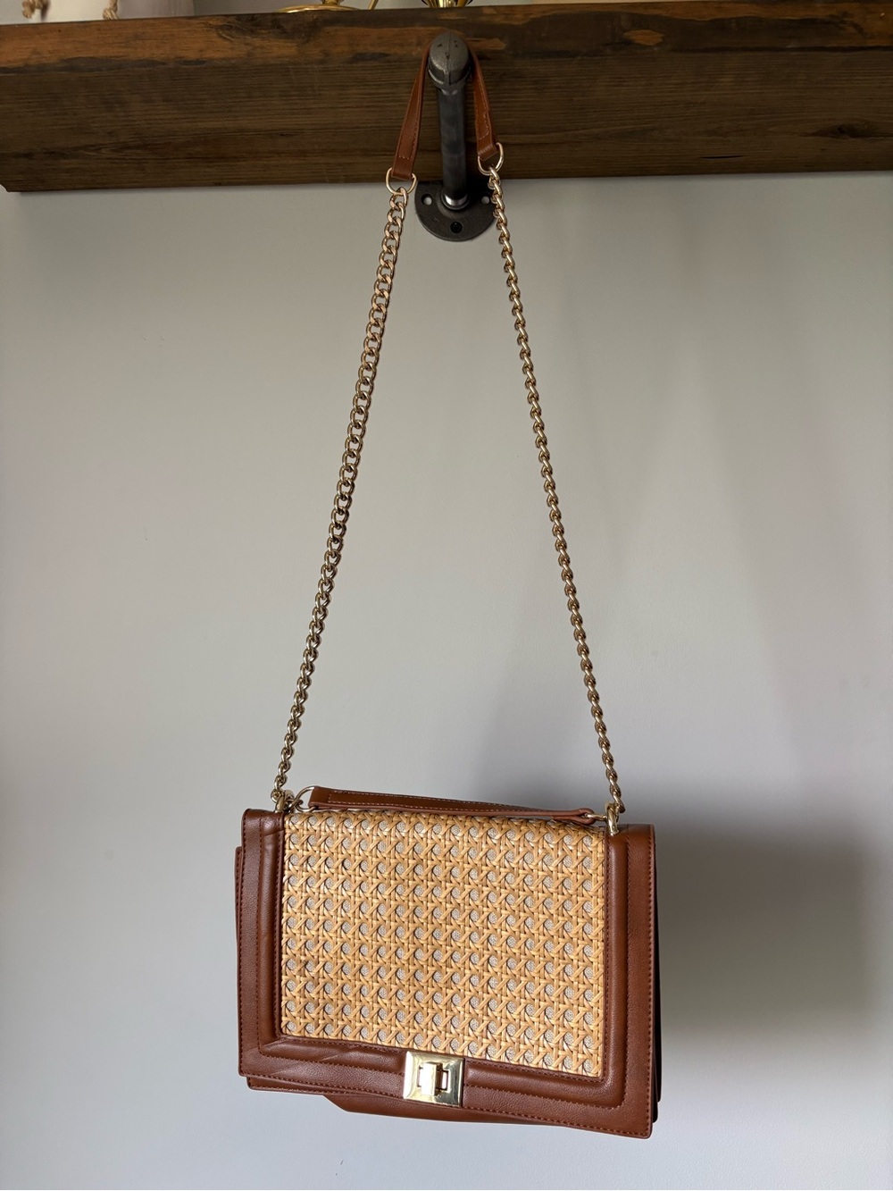 INC International Concepts Brown Woven Crossbody with Gold Chain Strap
